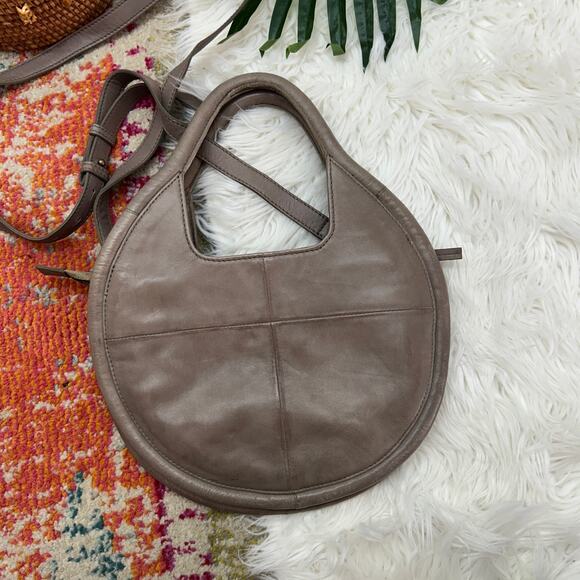 Anthropologie Neutral Brown Taupe Round Julien Leather Tote Bag Purse Minimalist - Picture 2 of 8